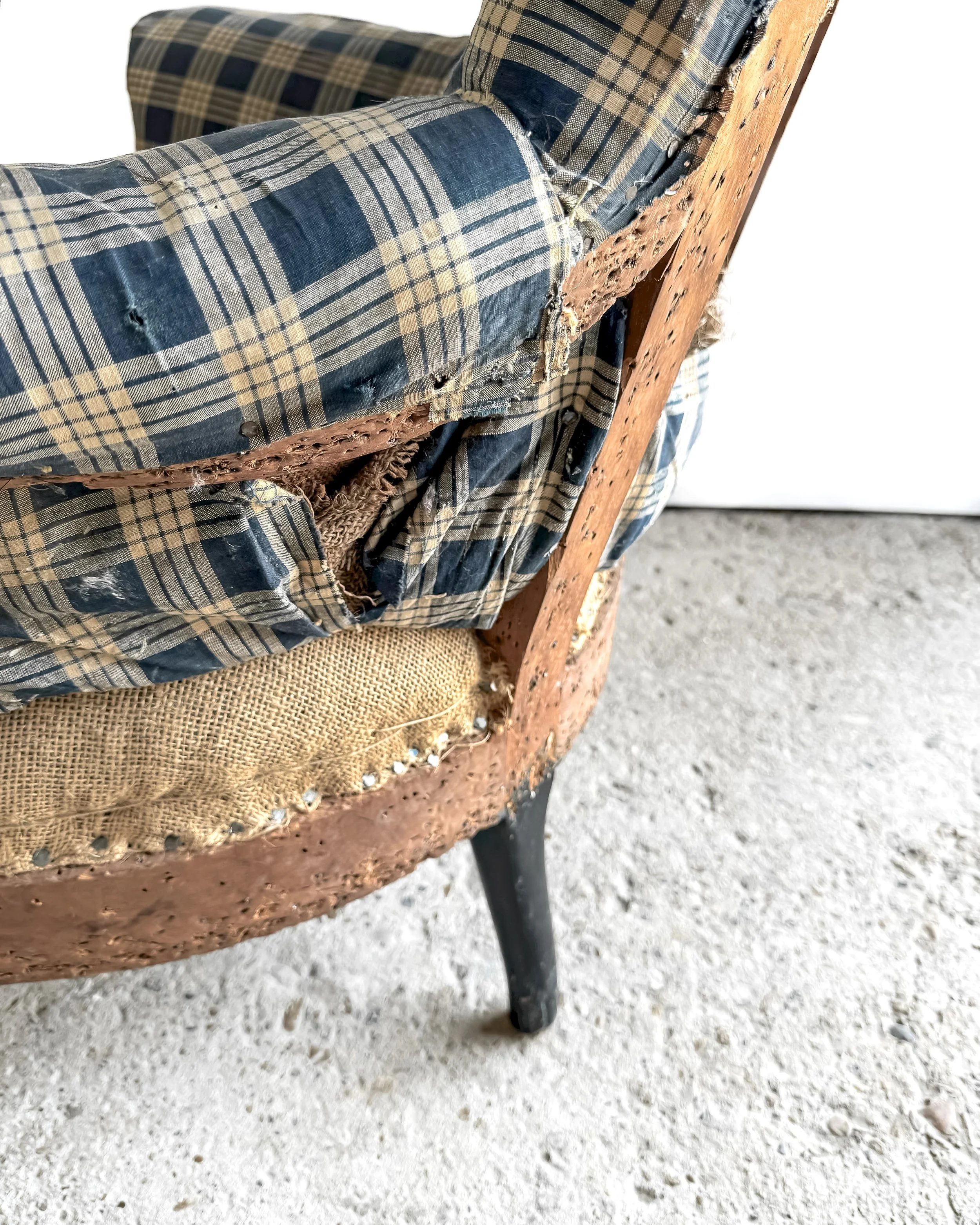 19th C. Deconstructed Blue Plaid Napoleon III Armchair — East End